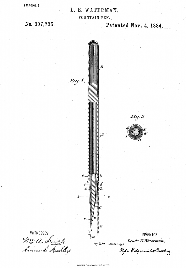 waterman patent of the first fountain pen 1884